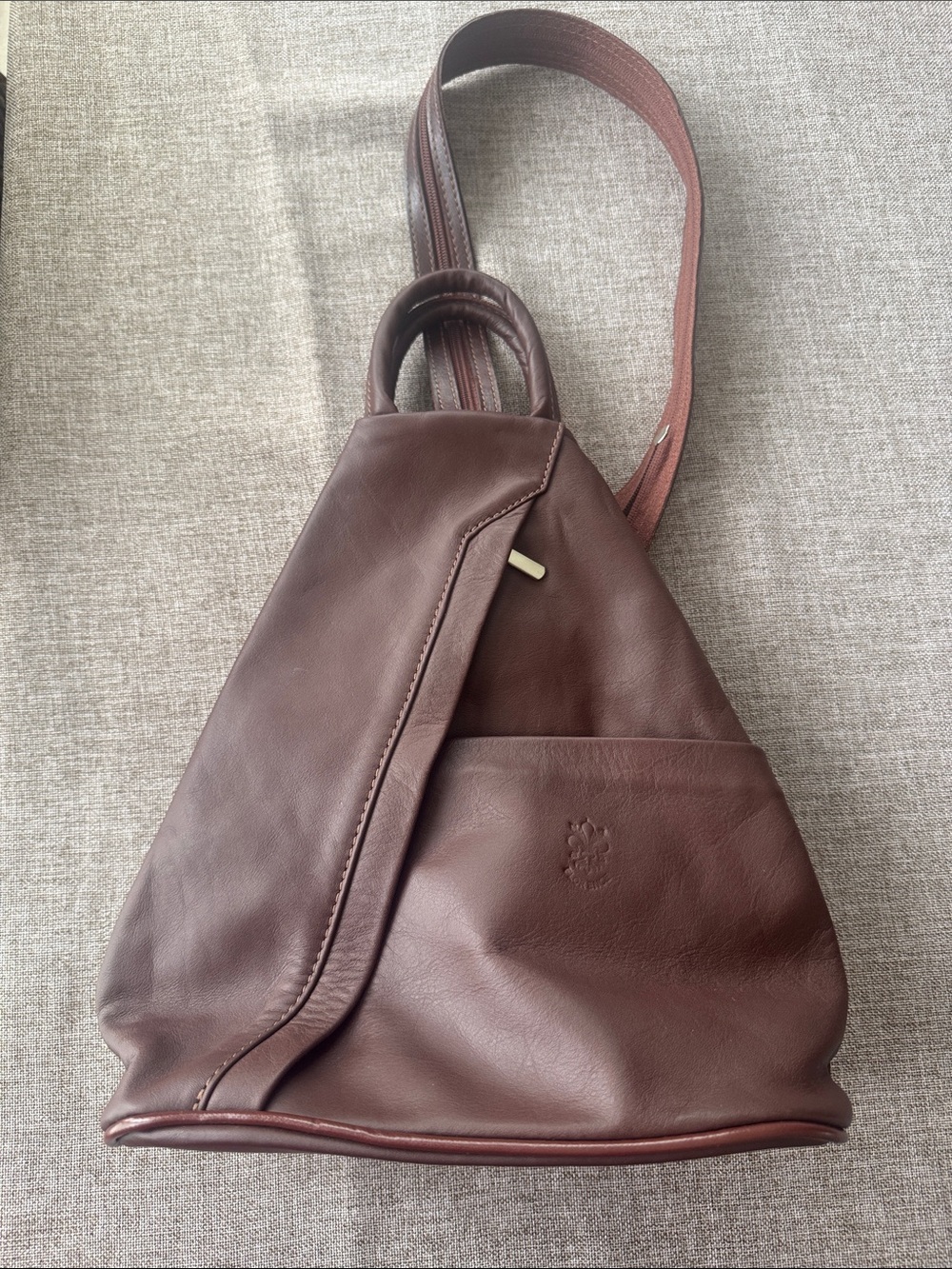 Italian Brown Leather Sling Backpack - Embossed Logo